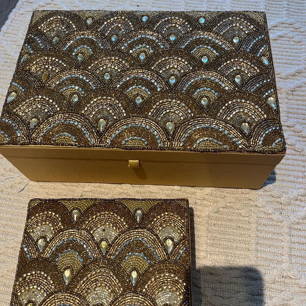 Decorative Beaded Jewelry Box in Gold and Teal